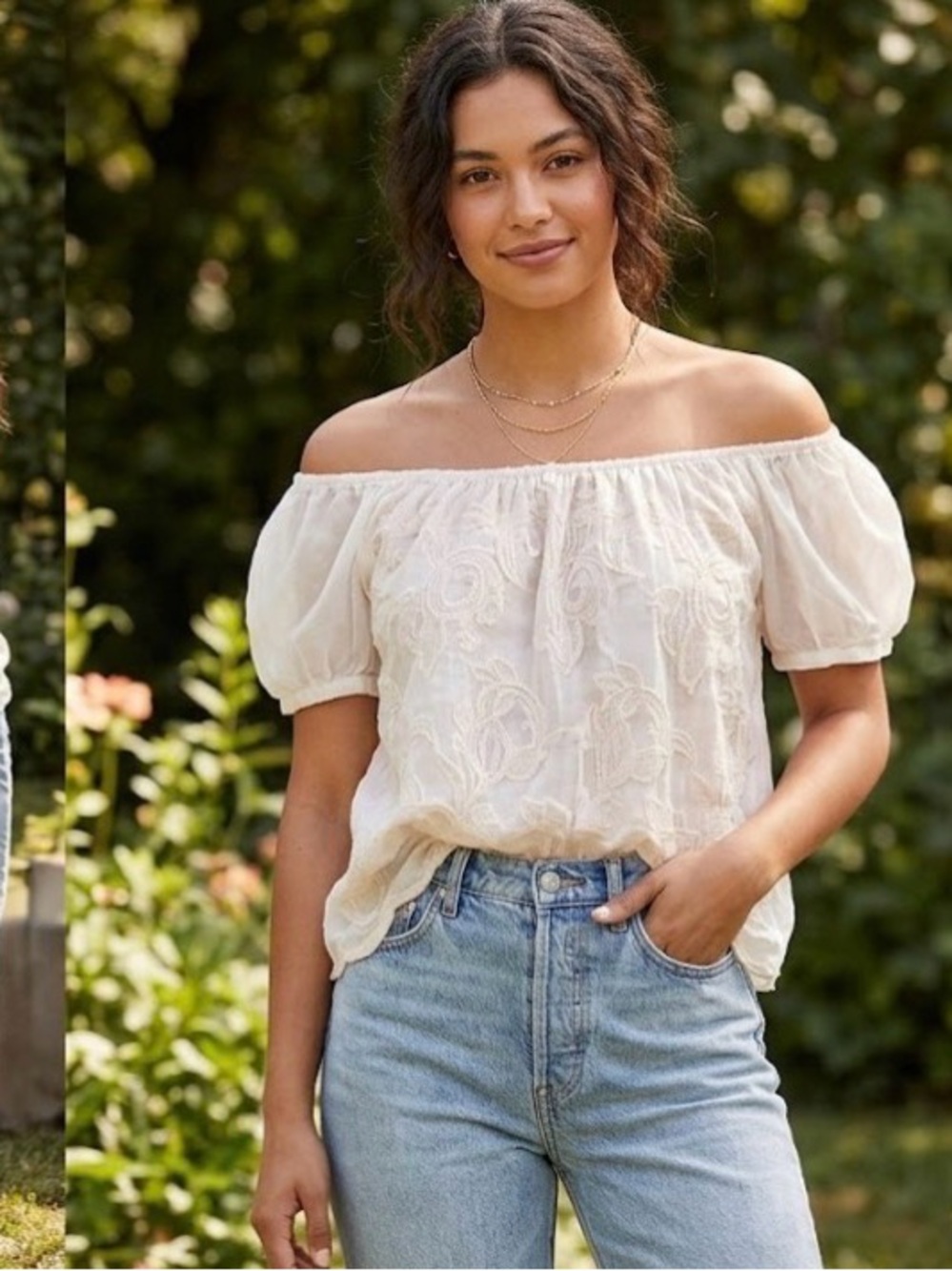Off-Shoulder Embroidered Peasant Top - Cream